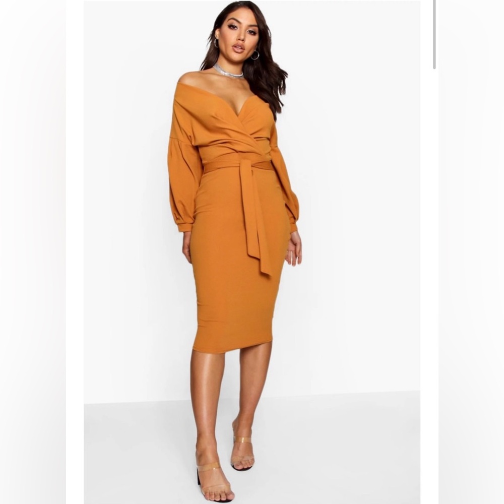 Off the Shoulder Wrap Midi Dress
